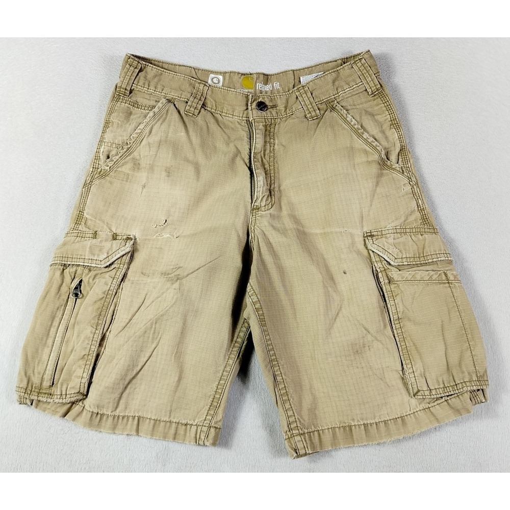 Carhartt Force Cargo Shorts Mens 32 Beige Ripstop Thrashed Distressed Workwear